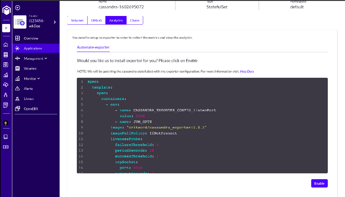 Fig 2: Apache Cassandra Deployment on OpenEBS and Monitoring on Kubera