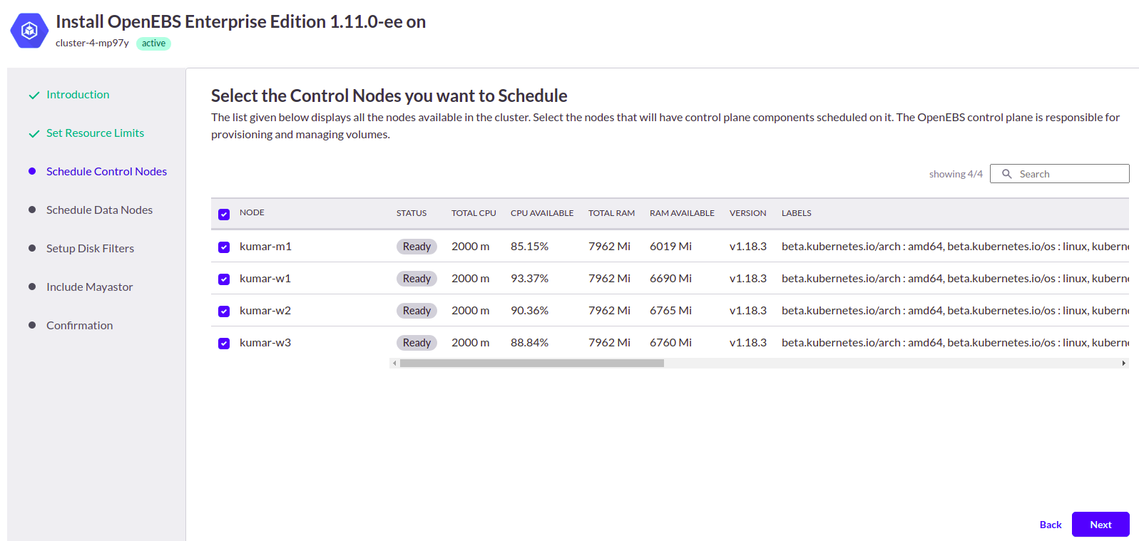 Select the control nodes you want to schedule