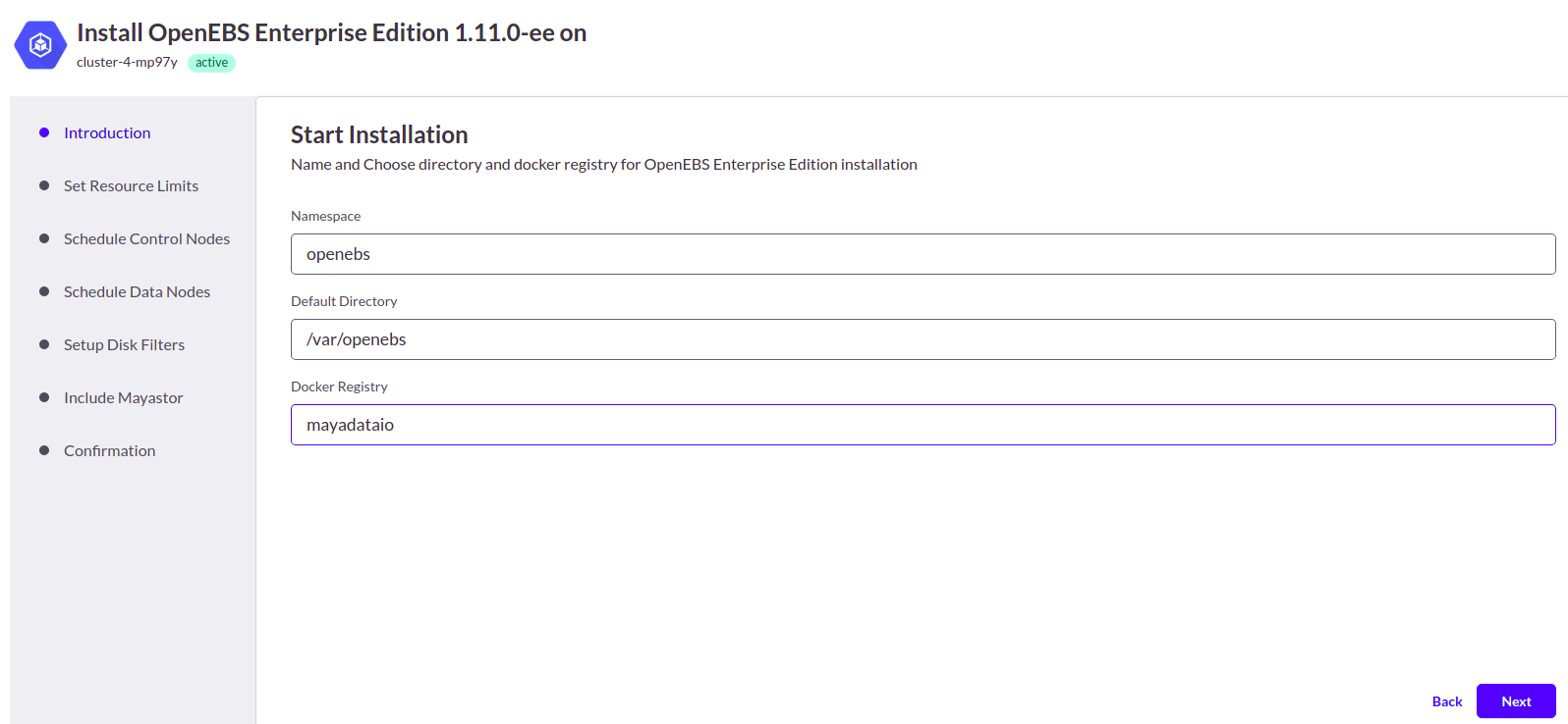 Start installation of OpenEBS Enterprise Edition