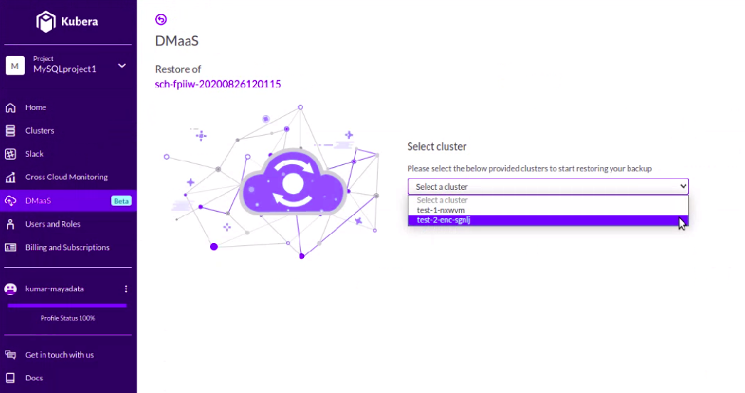 Select the destination cluster where we want to restore the application