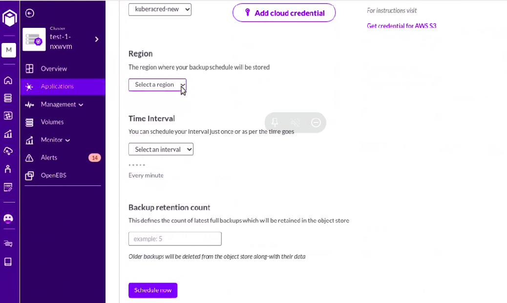 Select a region where we want to backup and set the time interval as per choice