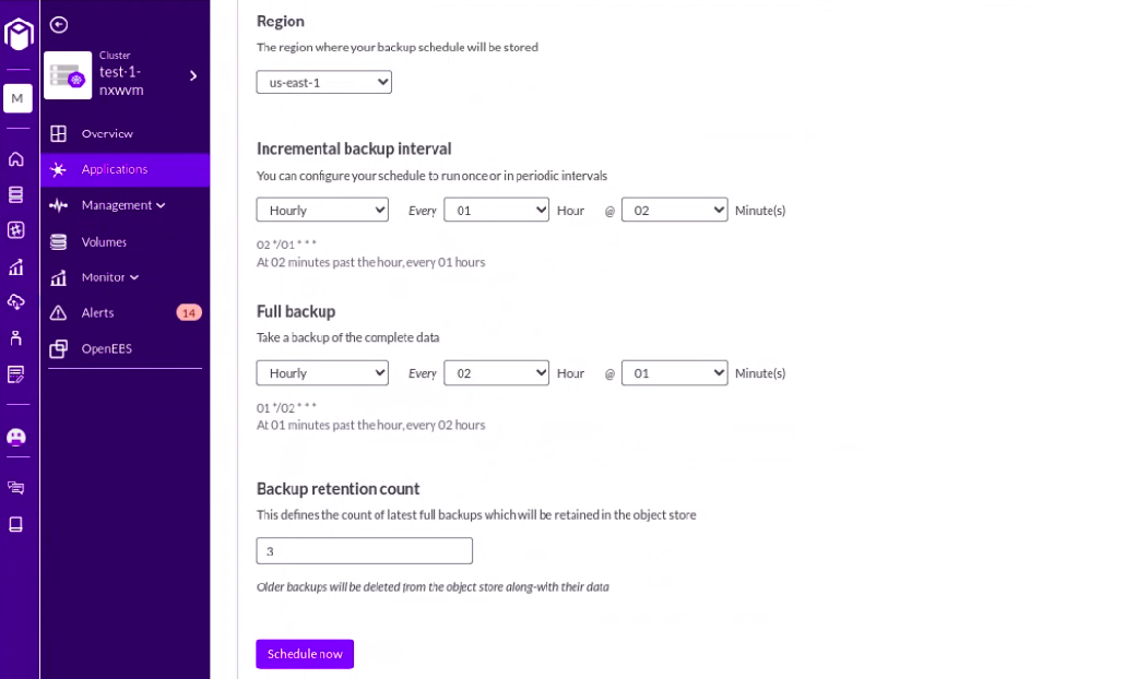 Select a region where we want to backup & set the time interval as per choice 